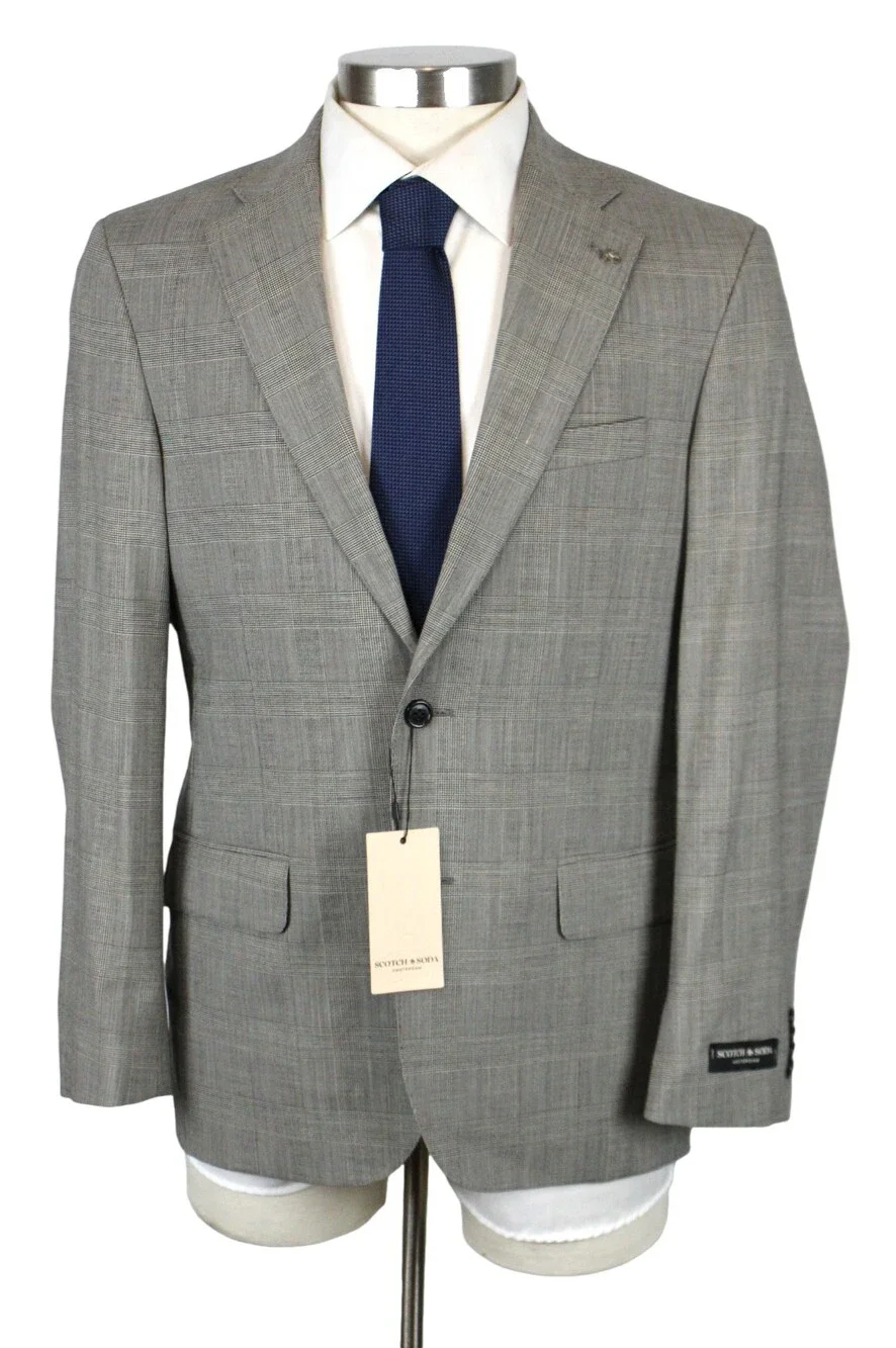 Scotch & Soda Suit 40 R Mens Wool Stretch Contemporary Fit 2 Piece Grey Plaid